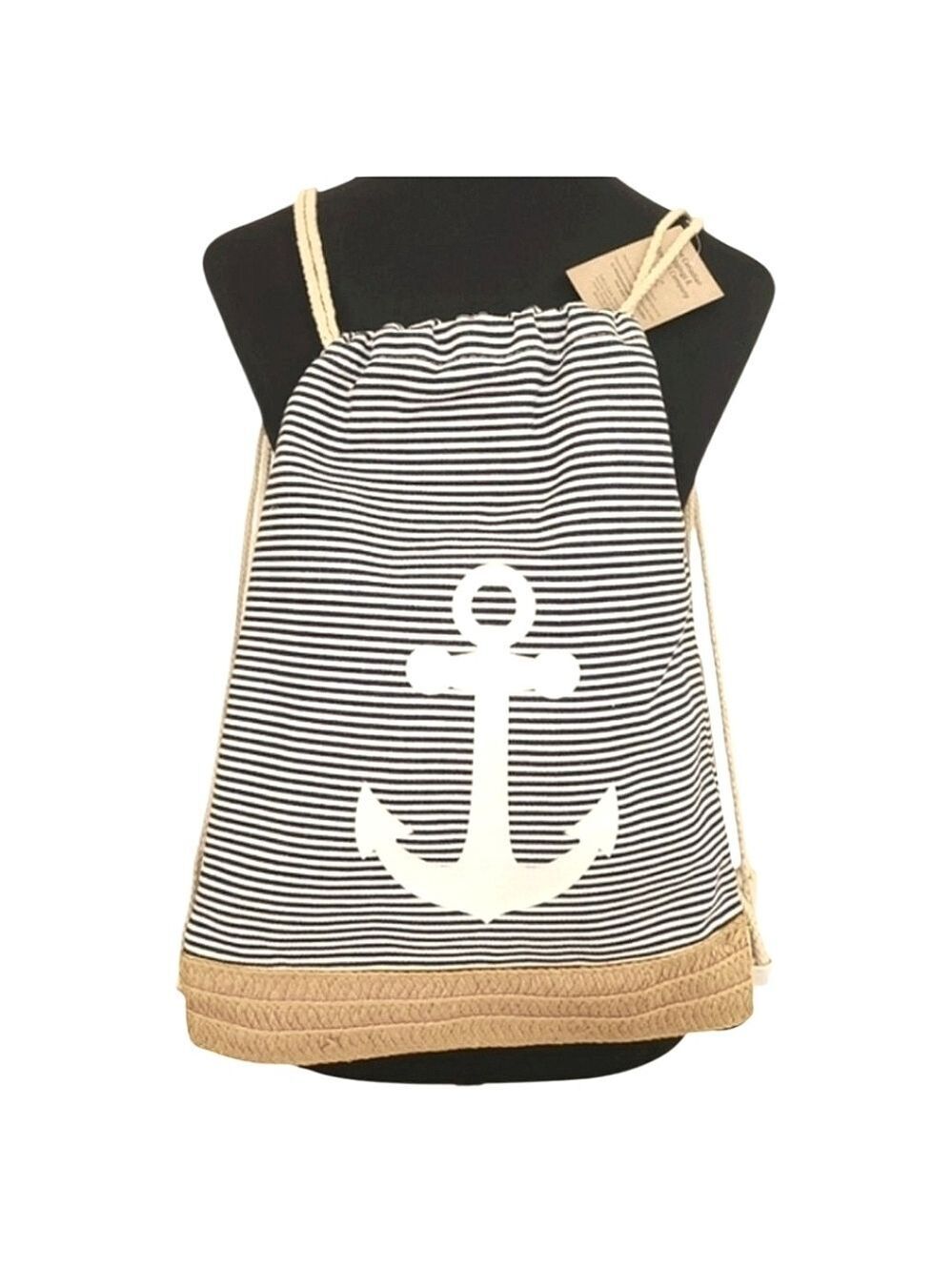 TRÏBE Canvas & Raffia Nautical Black & White Striped Backpack NWT